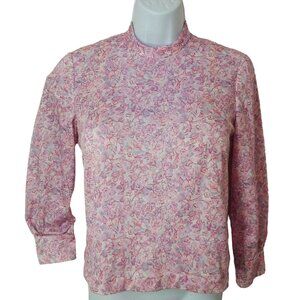 Vintage 60s Handmade Floral Blouse Top S-6 Mockneck LSL Metal Back-Zip Polyester